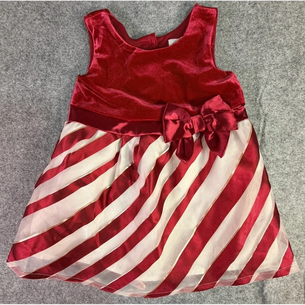 The Childrens Place Red Velvet Bow‎ Candy Cane Stripe Dress Baby Toddler 9 12M - Picture 2 of 7